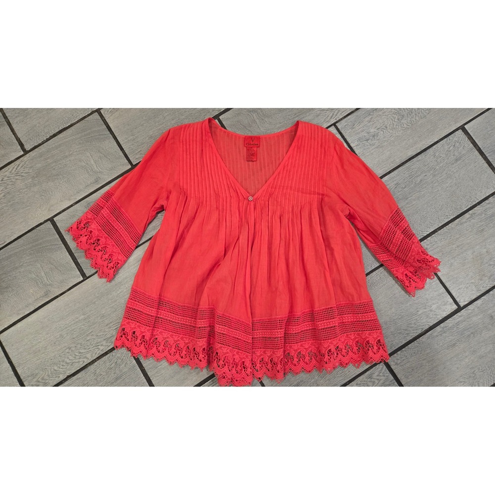 Cristina Coral Red Cotton Gauze Lace Trim Pintuck Blouse Medium